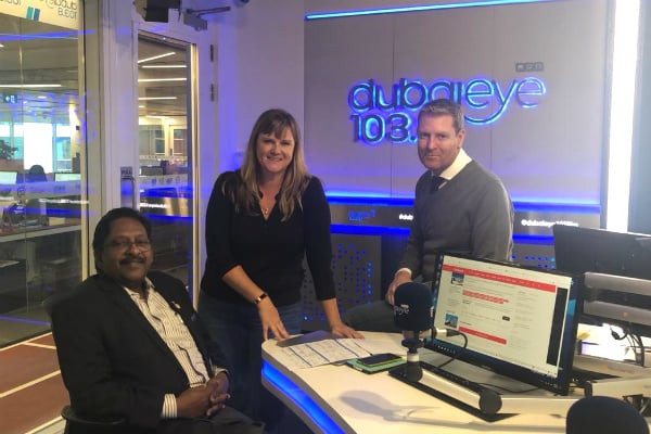 Prof. Christopher Abraham, Professor and Head of Campus (Dubai) at SP Jain School of Global Management; Ms. Brandy Scott and Mr. Richard Dean - radio presenters at Dubai Eye 103.8